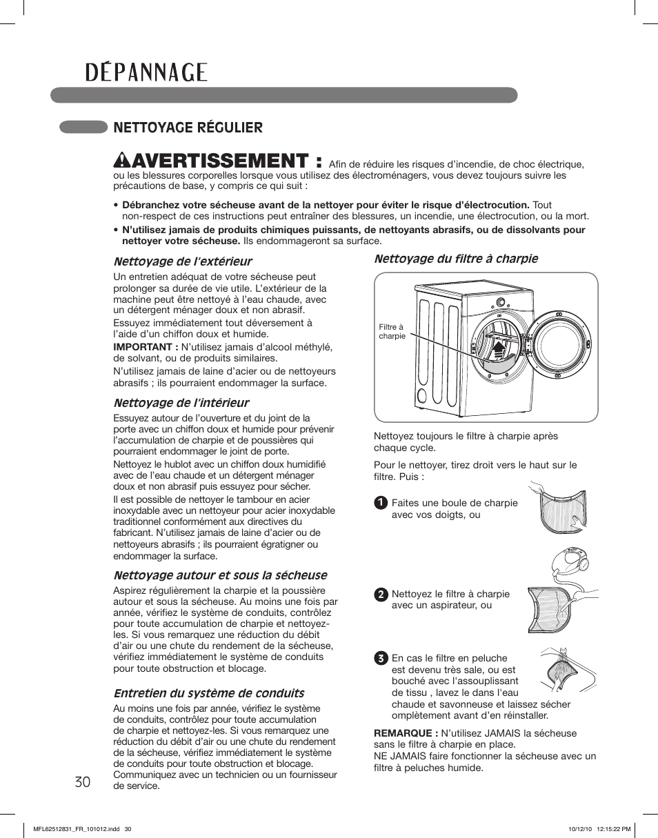 Wavertissement, Nettoyage régulier | LG DLE2350W User Manual | Page 118 / 132