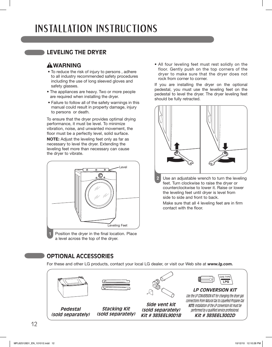 Leveling the dryer, Optional accessories, Warning | LG DLE2350W User Manual | Page 12 / 132