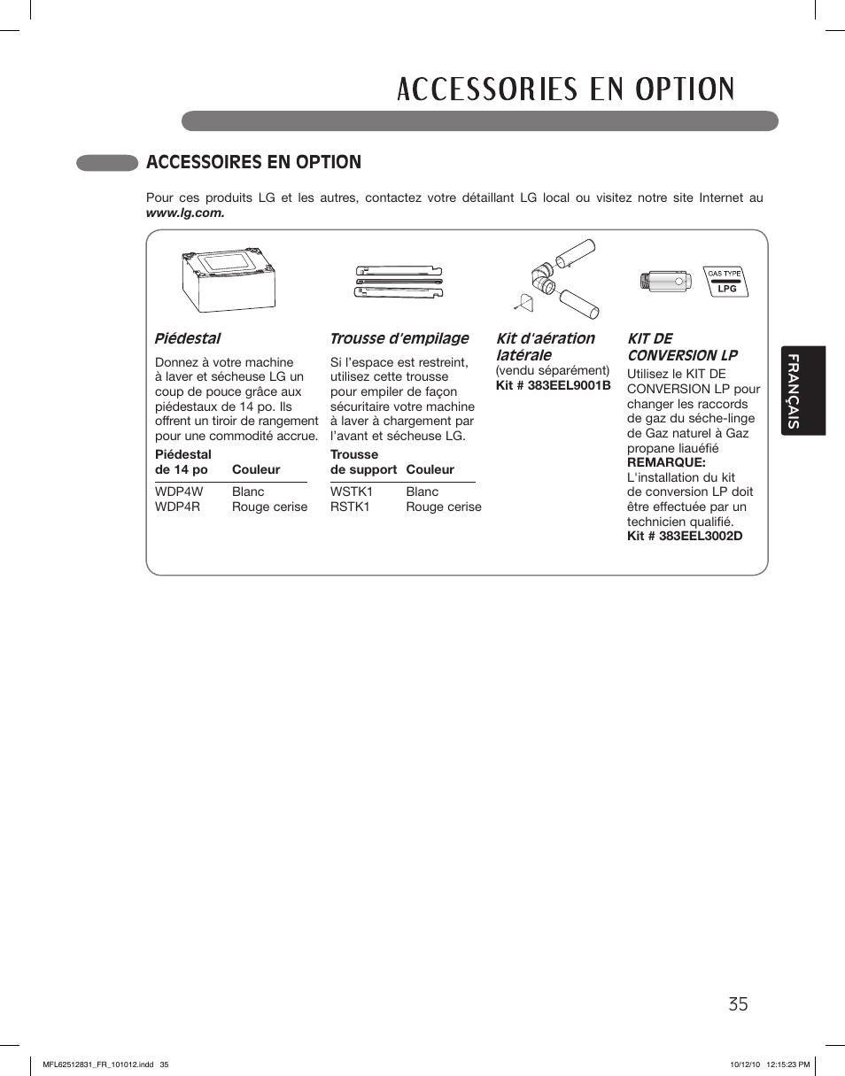 Accessoires en option | LG DLE2350W User Manual | Page 123 / 132