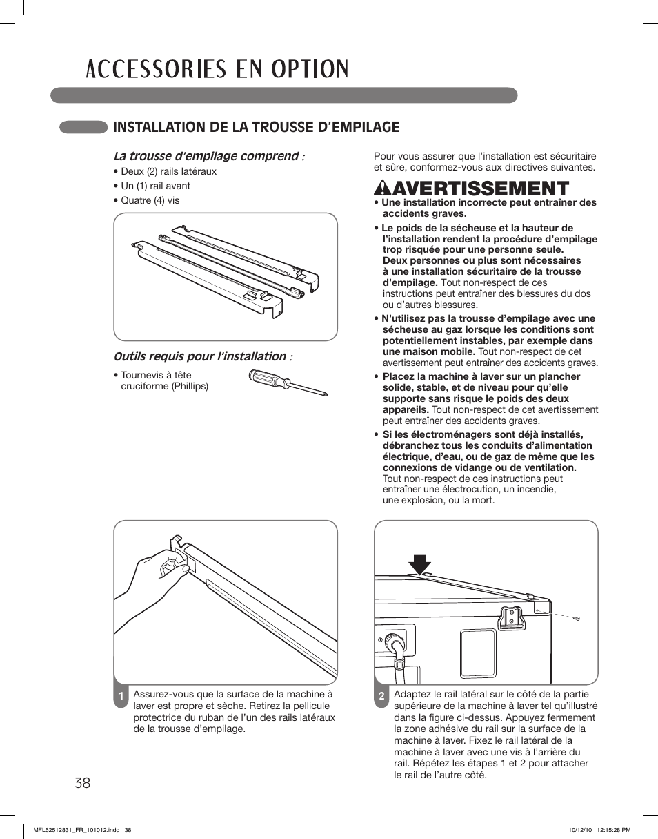 Wavertissement, Installation de la trousse d’empilage | LG DLE2350W User Manual | Page 126 / 132