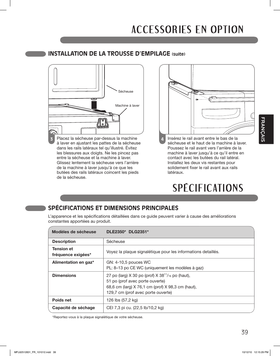 Spécifications et dimensions principales, 39 installation de la trousse d’empilage | LG DLE2350W User Manual | Page 127 / 132