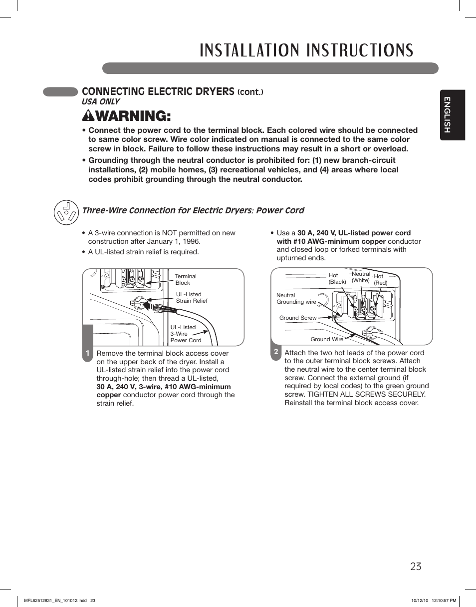 Wwarning, Connecting electric dryers | LG DLE2350W User Manual | Page 23 / 132