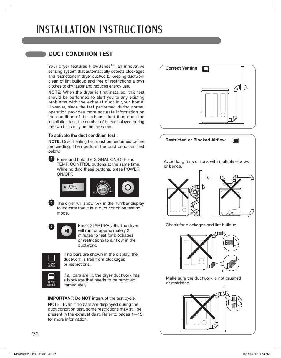 Duct condition test | LG DLE2350W User Manual | Page 26 / 132