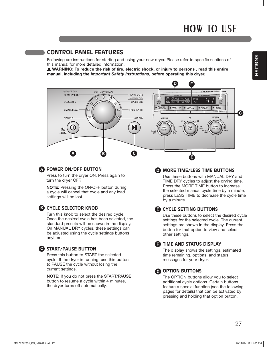 Control panel features | LG DLE2350W User Manual | Page 27 / 132