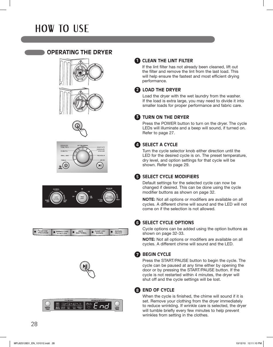 Operating the dryer | LG DLE2350W User Manual | Page 28 / 132