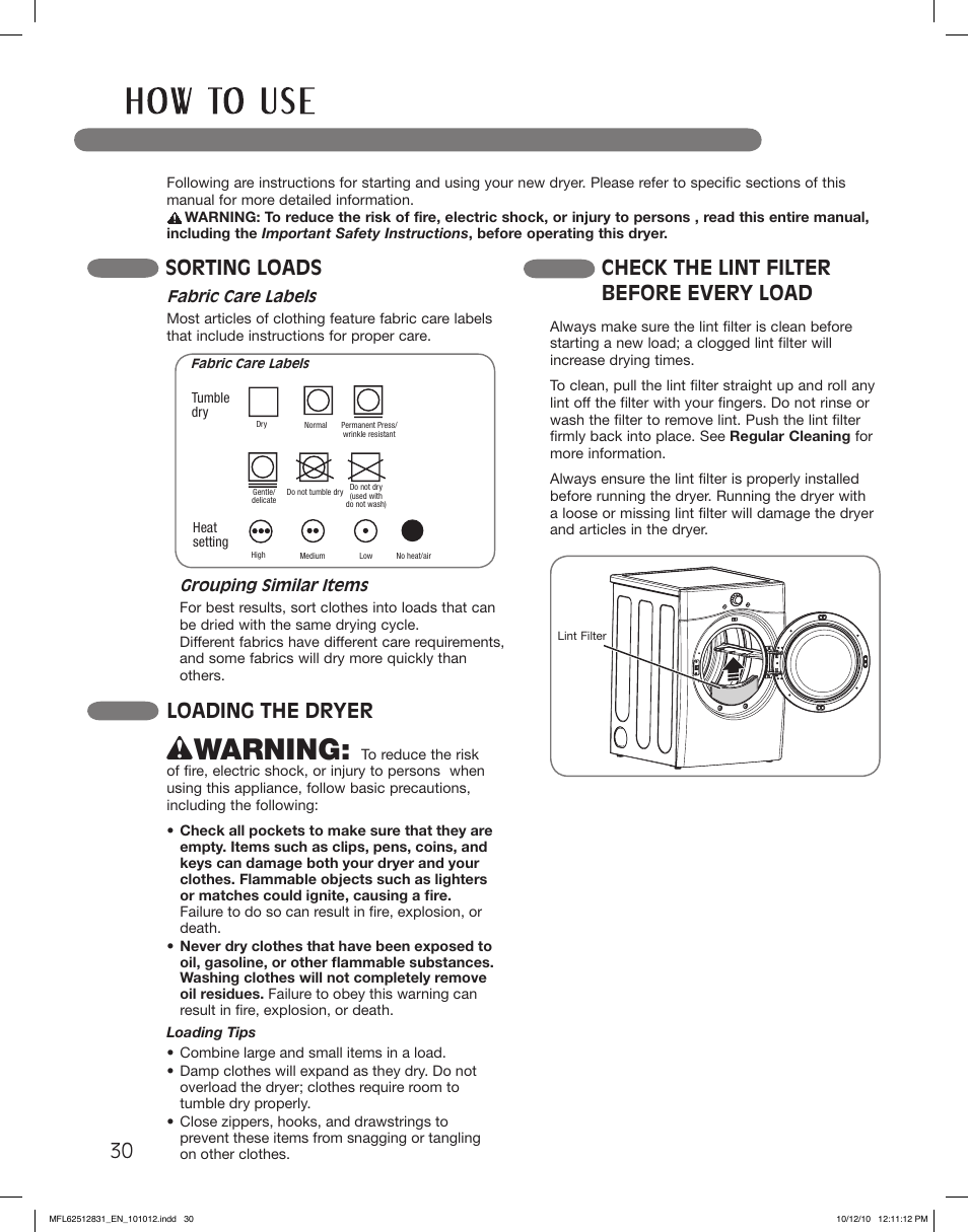 Wwarning, Sorting loads, Check the lint filter before every load | Loading the dryer | LG DLE2350W User Manual | Page 30 / 132