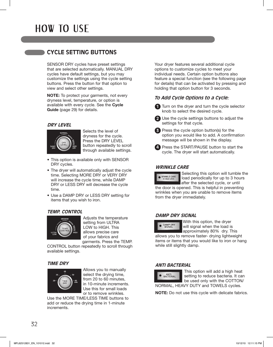 Cycle setting buttons | LG DLE2350W User Manual | Page 32 / 132