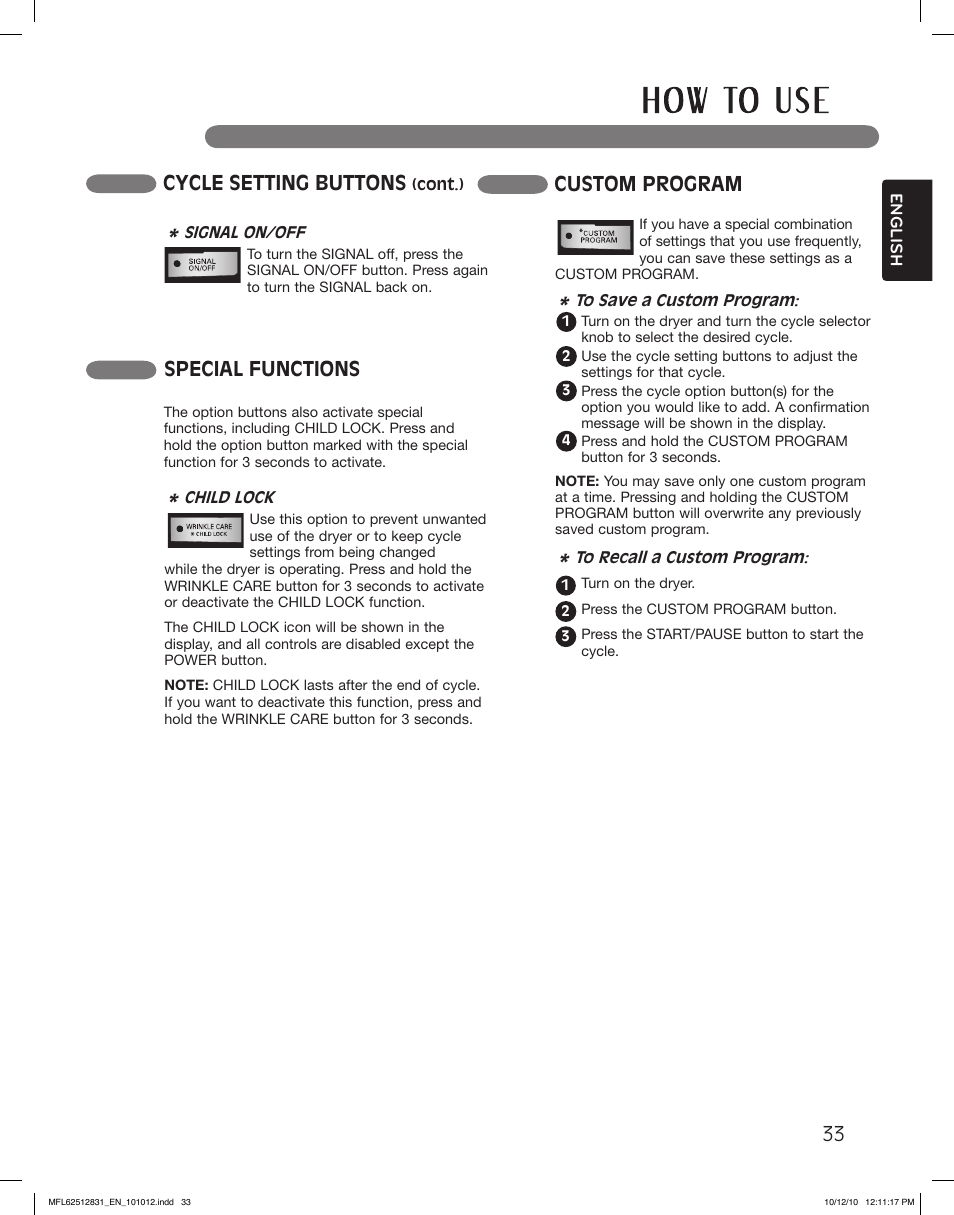 Special functions, Cycle setting buttons, Custom program | LG DLE2350W User Manual | Page 33 / 132