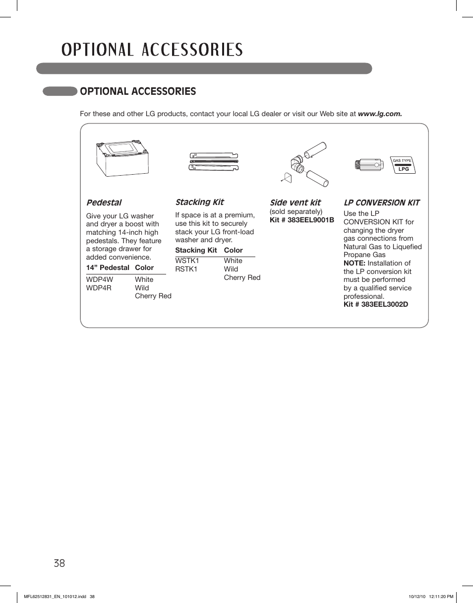 Optional accessories | LG DLE2350W User Manual | Page 38 / 132