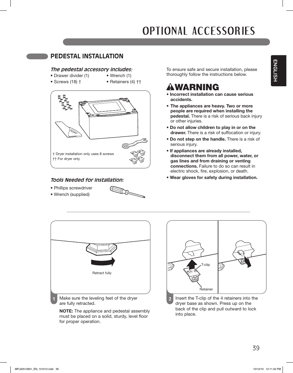 Wwarning, Pedestal installation | LG DLE2350W User Manual | Page 39 / 132