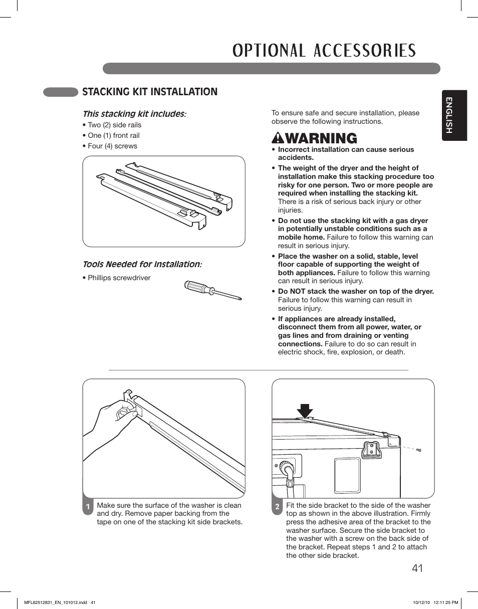 Wwarning, Stacking kit installation | LG DLE2350W User Manual | Page 41 / 132