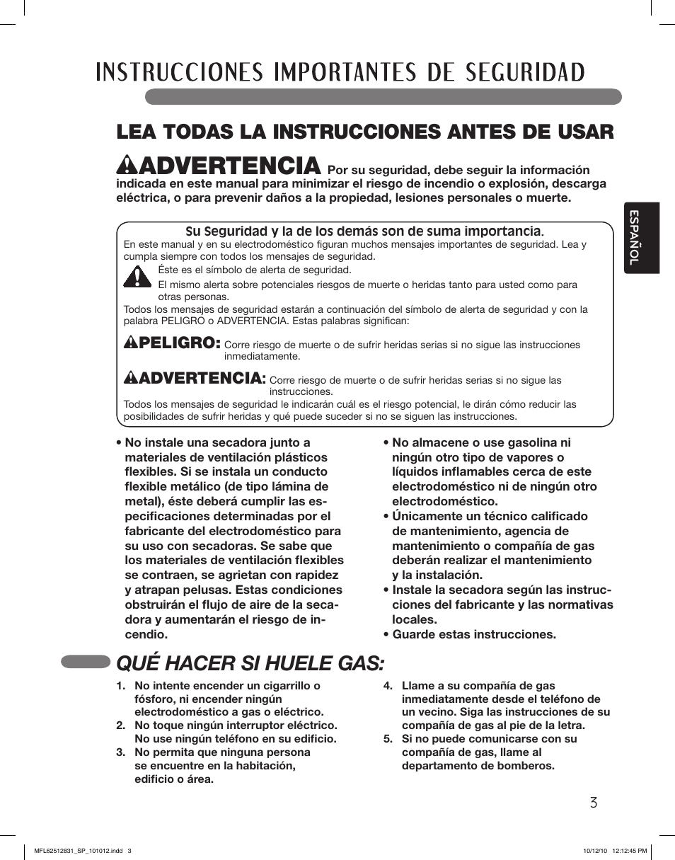 Lea todas la instrucciones antes de usar, Qué hacer si huele gas, Wpeligro | Wadvertencia | LG DLE2350W User Manual | Page 47 / 132