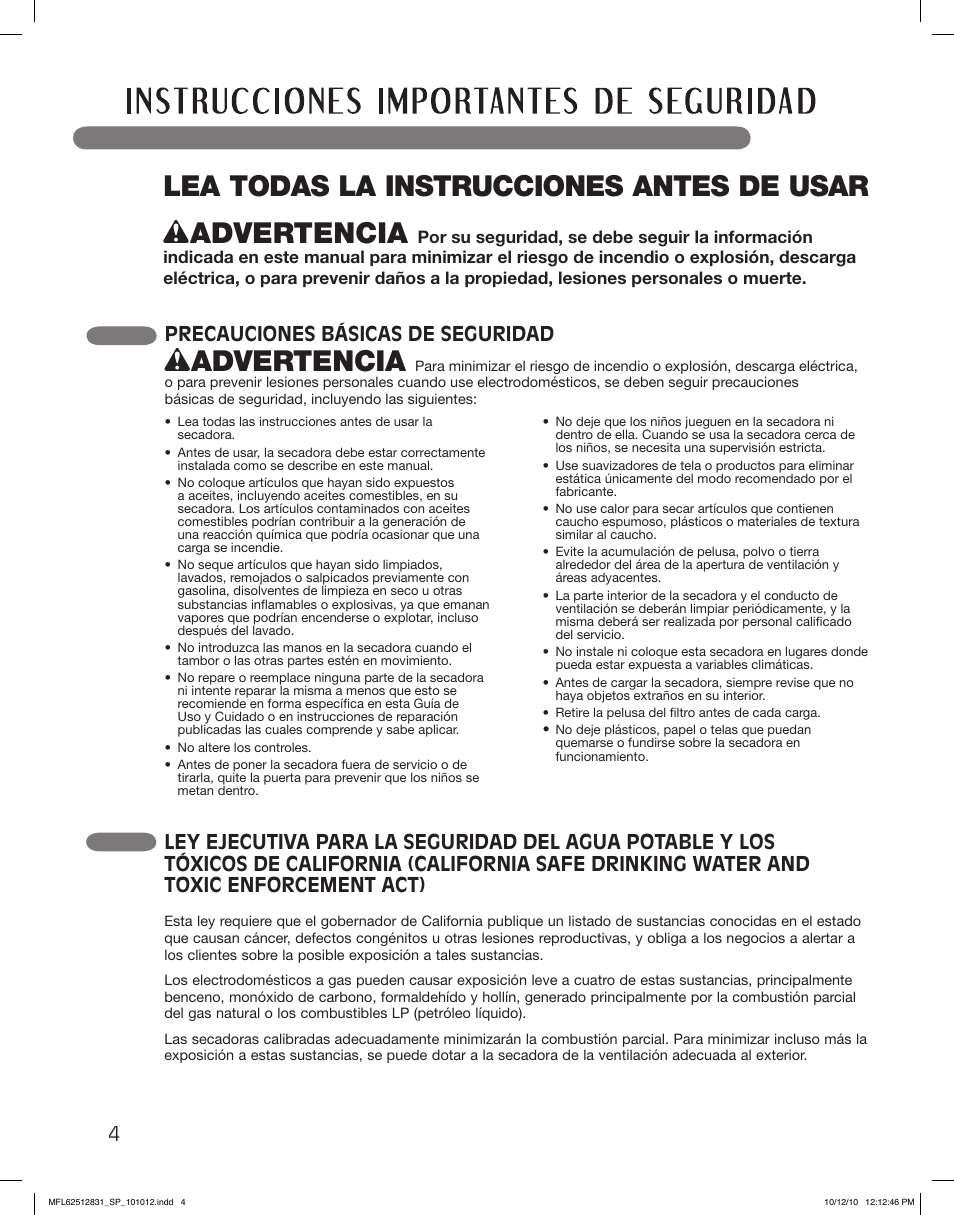 Wadvertencia, Precauciones básicas de seguridad | LG DLE2350W User Manual | Page 48 / 132