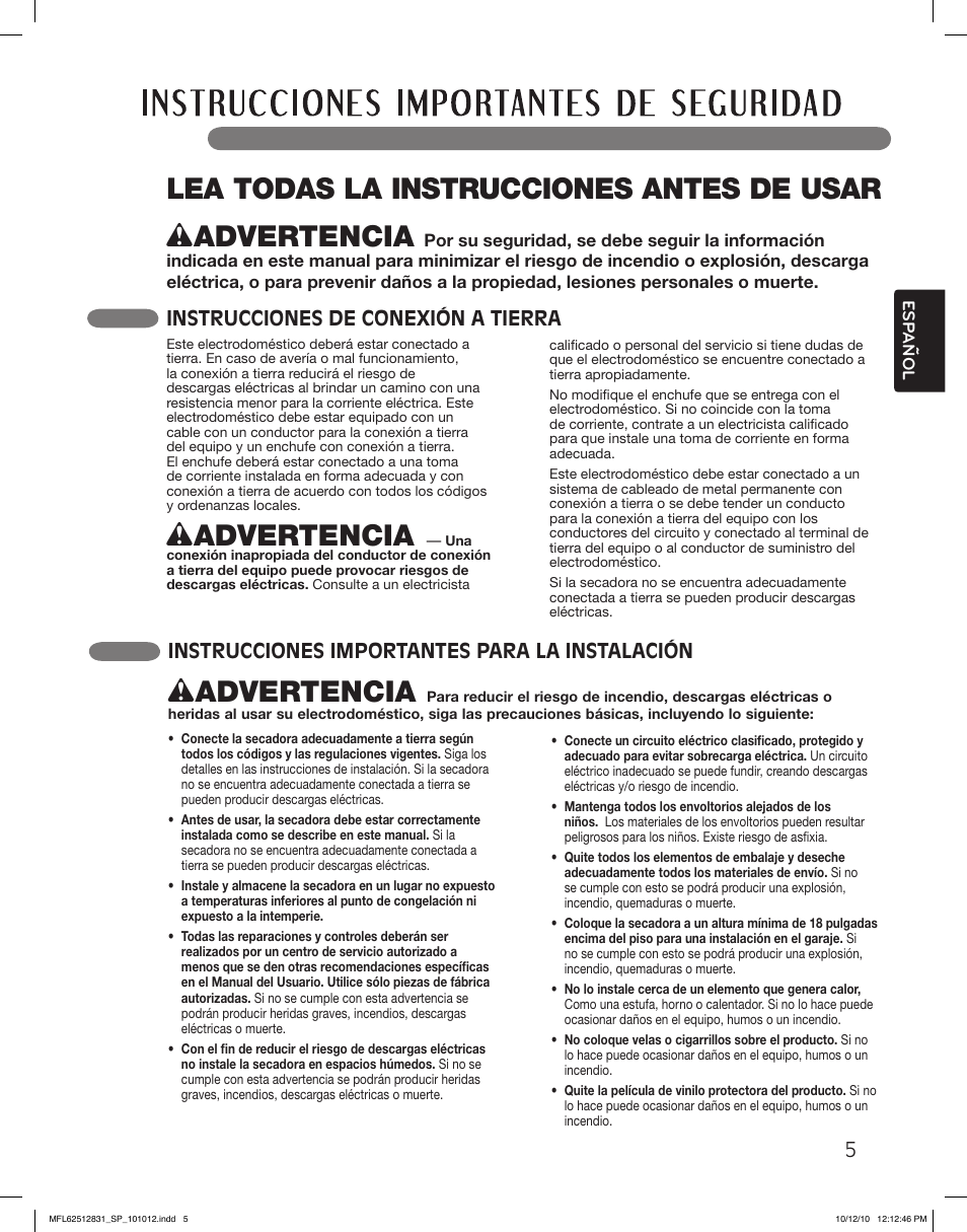 Wadvertencia, Lea todas la instrucciones antes de usar, Instrucciones de conexión a tierra | Instrucciones importantes para la instalación | LG DLE2350W User Manual | Page 49 / 132