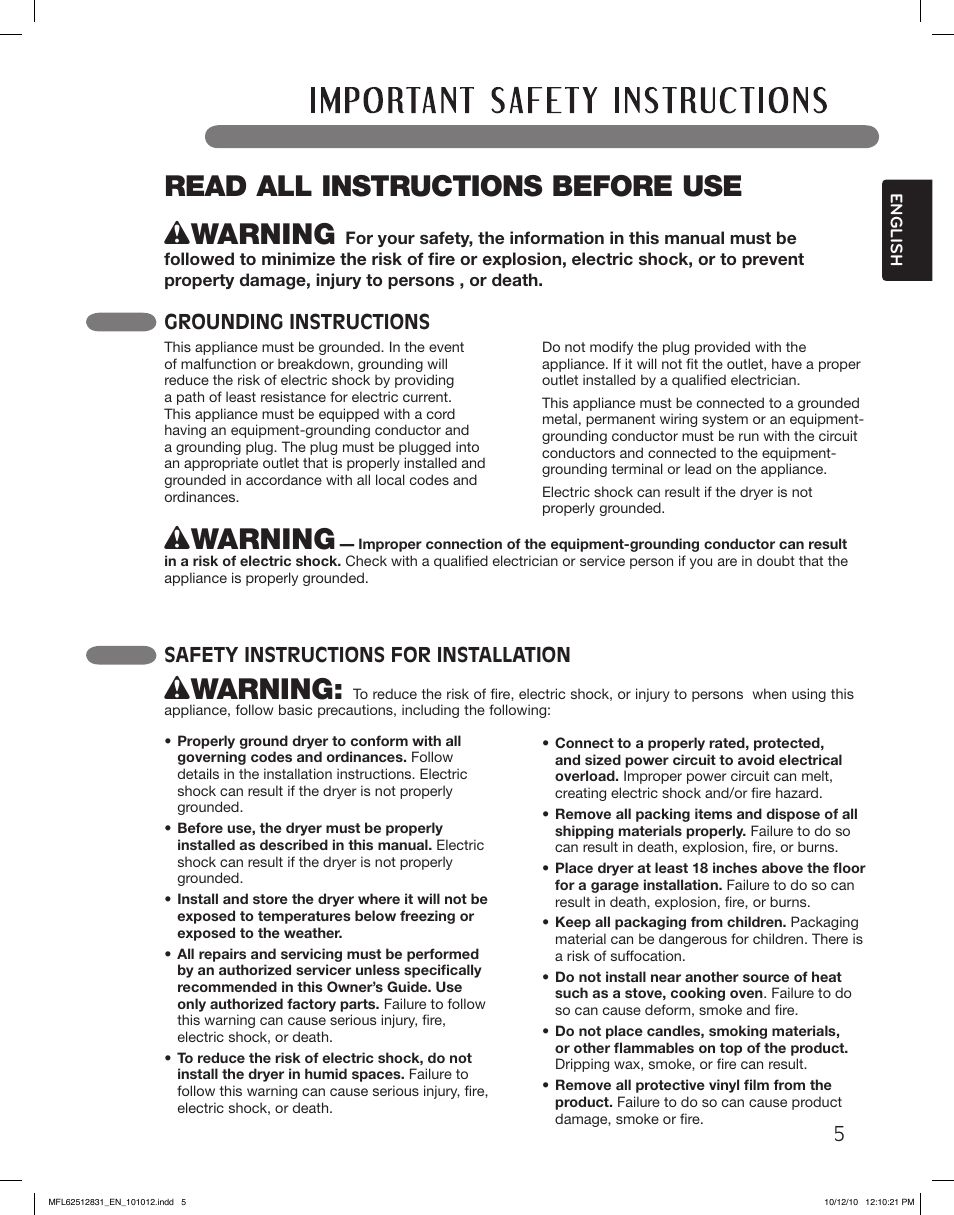 Wwarning, Read all instructions before use, Grounding instructions | Safety instructions for installation | LG DLE2350W User Manual | Page 5 / 132