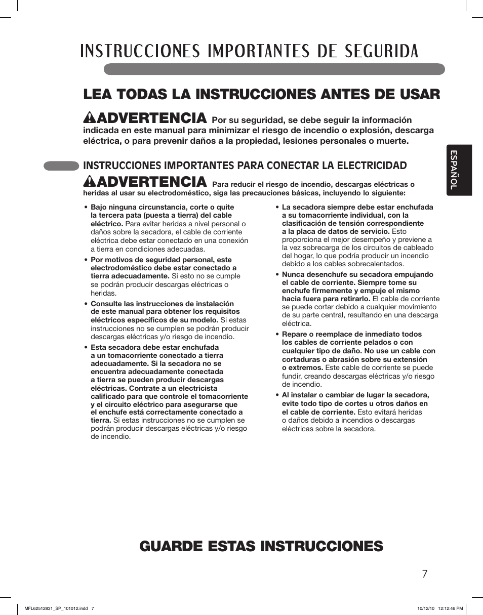 Guarde estas instrucciones, Wadvertencia, Lea todas la instrucciones antes de usar | LG DLE2350W User Manual | Page 51 / 132