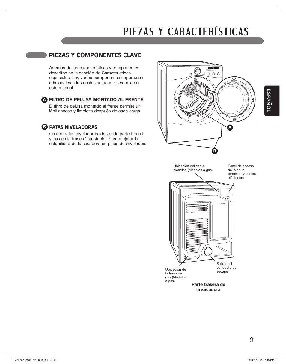 Piezas y componentes clave, Esp anol | LG DLE2350W User Manual | Page 53 / 132