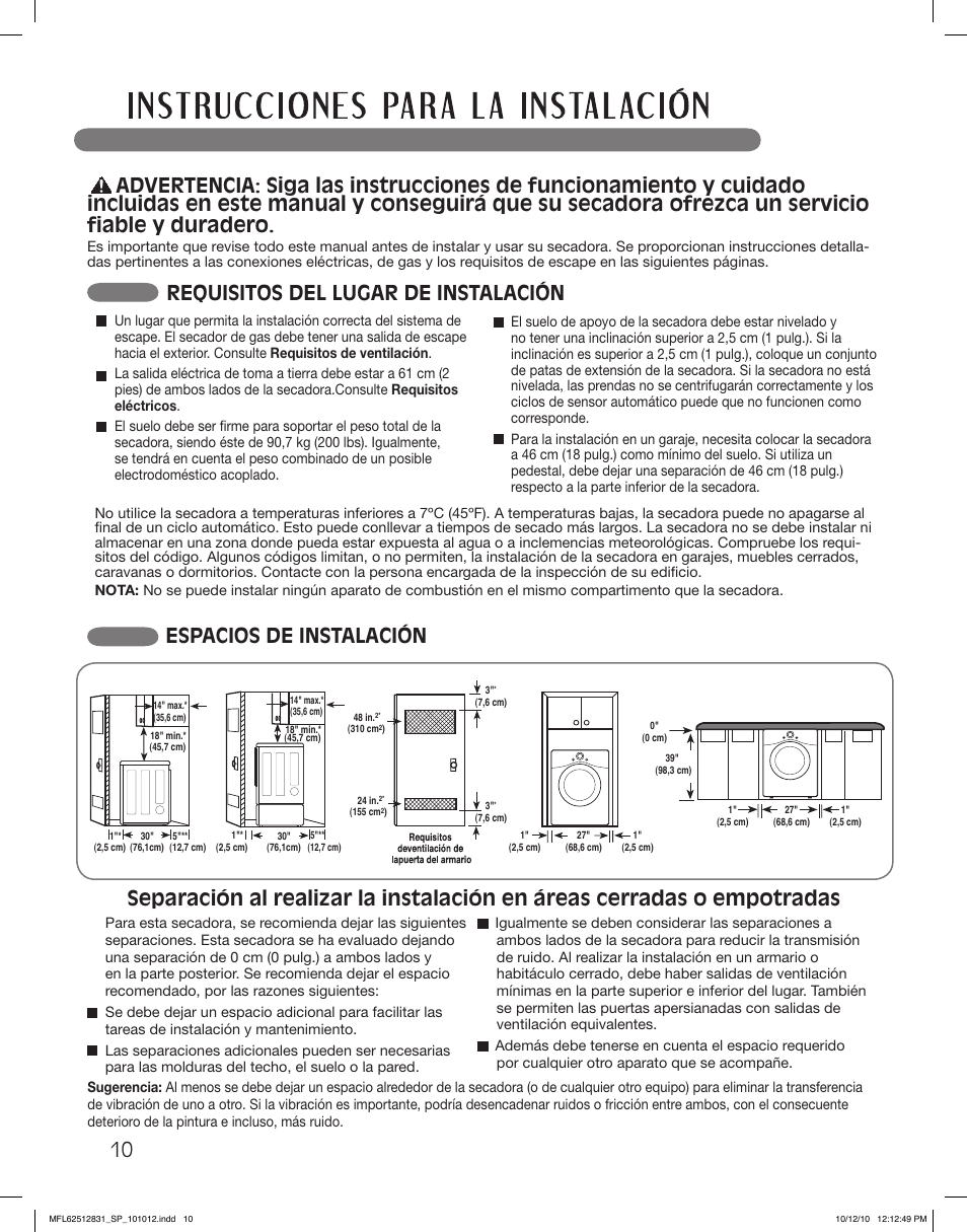 Espacios de instalación, Requisitos del lugar de instalación | LG DLE2350W User Manual | Page 54 / 132