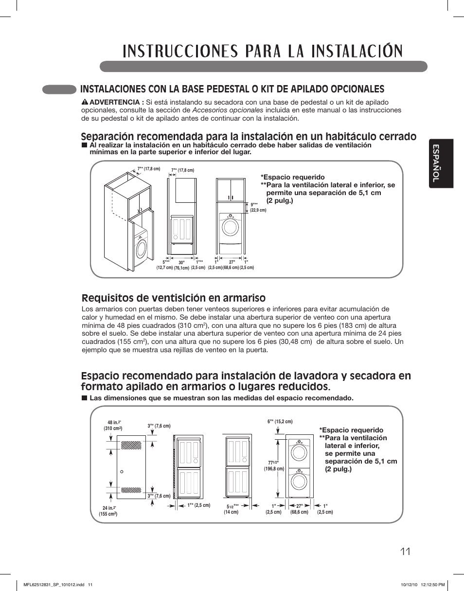 Requisitos de ventislción en armariso, Esp anol | LG DLE2350W User Manual | Page 55 / 132