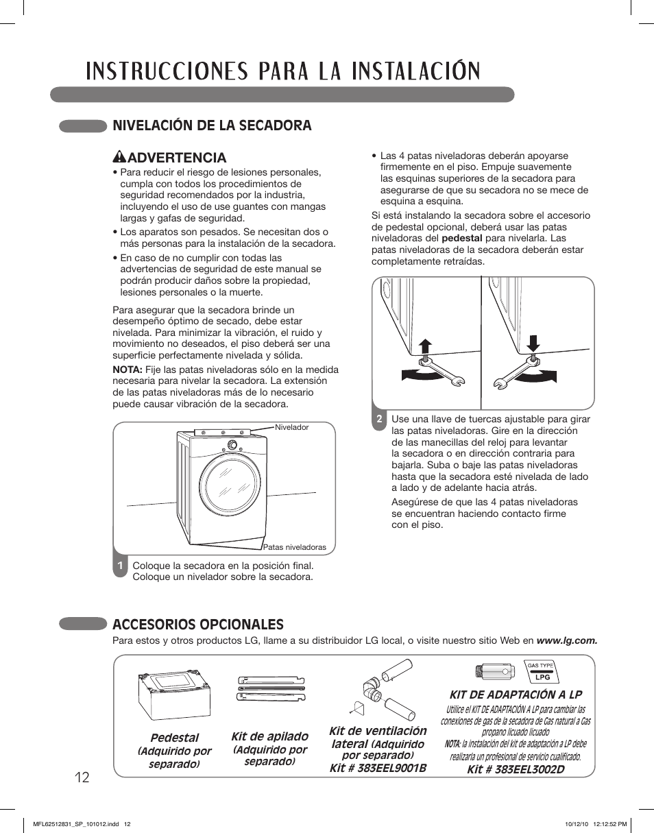 Nivelación de la secadora, Advertencia, Accesorios opcionales | LG DLE2350W User Manual | Page 56 / 132