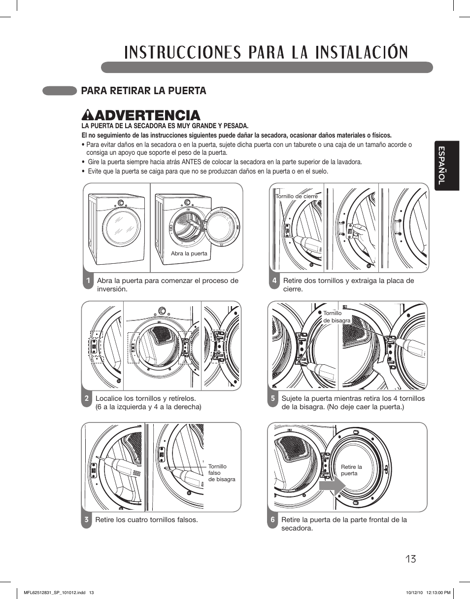 Wadvertencia, Para retirar la puerta | LG DLE2350W User Manual | Page 57 / 132