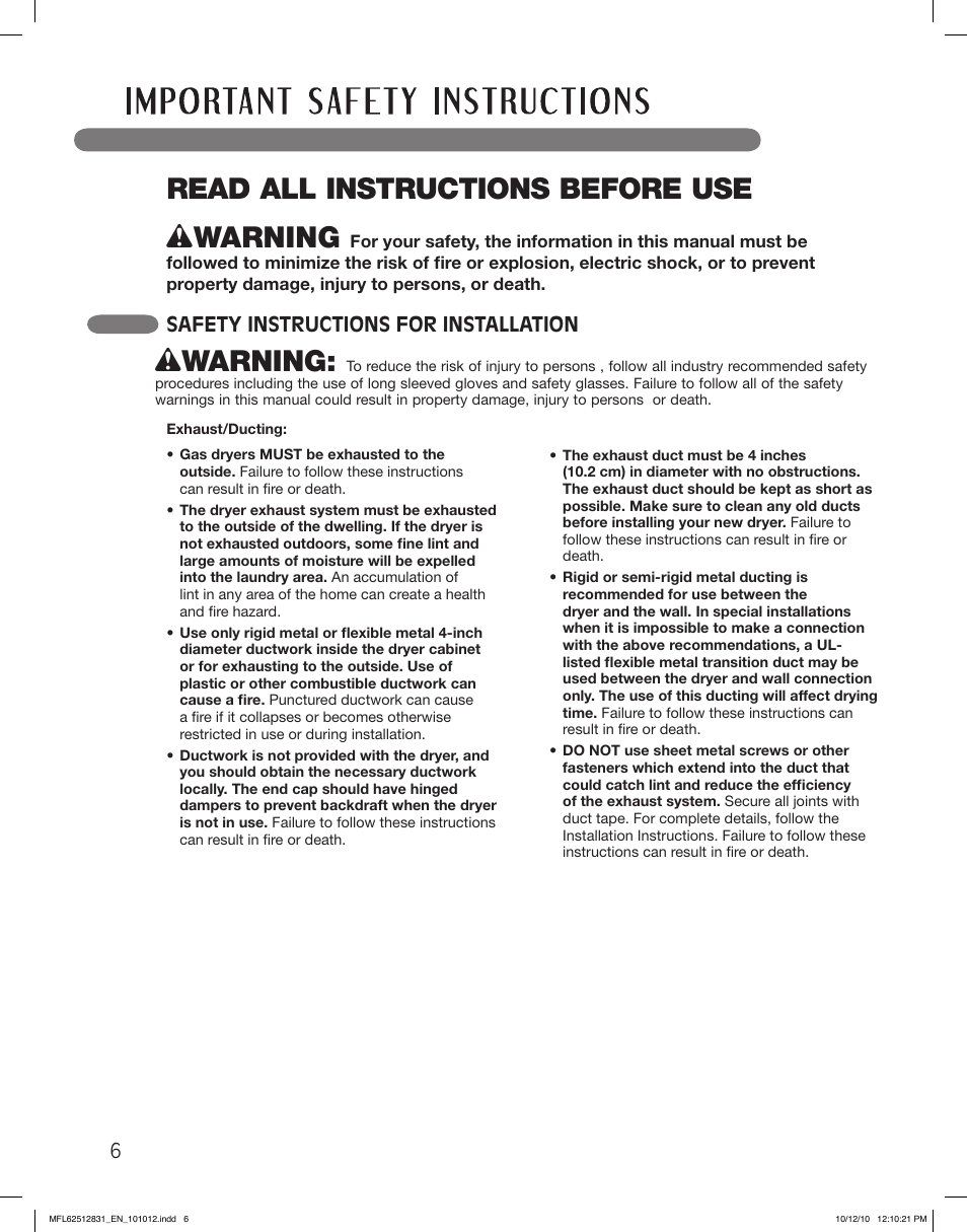 Read all instructions before use, Wwarning, Safety instructions for installation | LG DLE2350W User Manual | Page 6 / 132