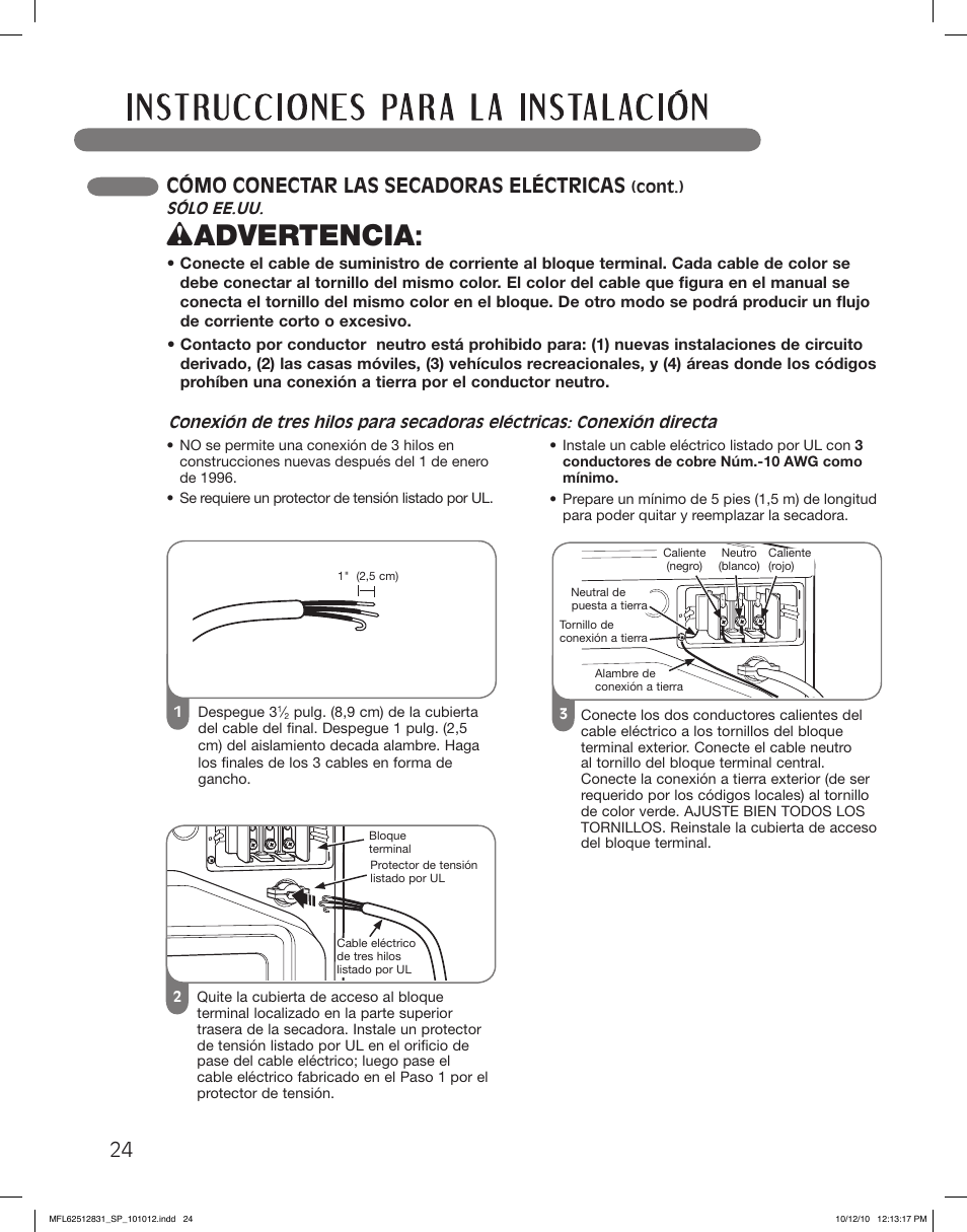 Wadvertencia, Cómo conectar las secadoras eléctricas | LG DLE2350W User Manual | Page 68 / 132