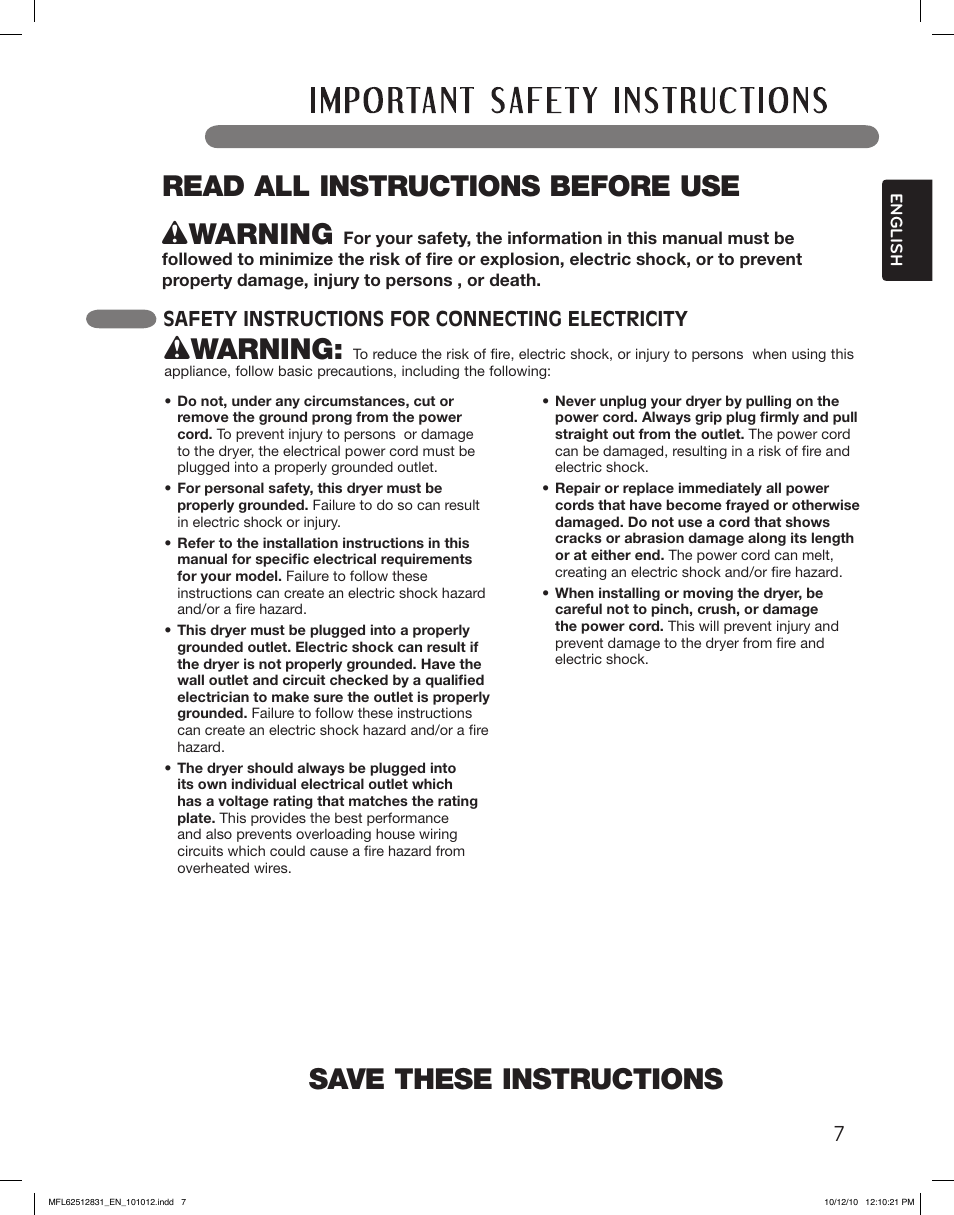 Save these instructions, Wwarning, Read all instructions before use w warning | Safety instructions for connecting electricity | LG DLE2350W User Manual | Page 7 / 132
