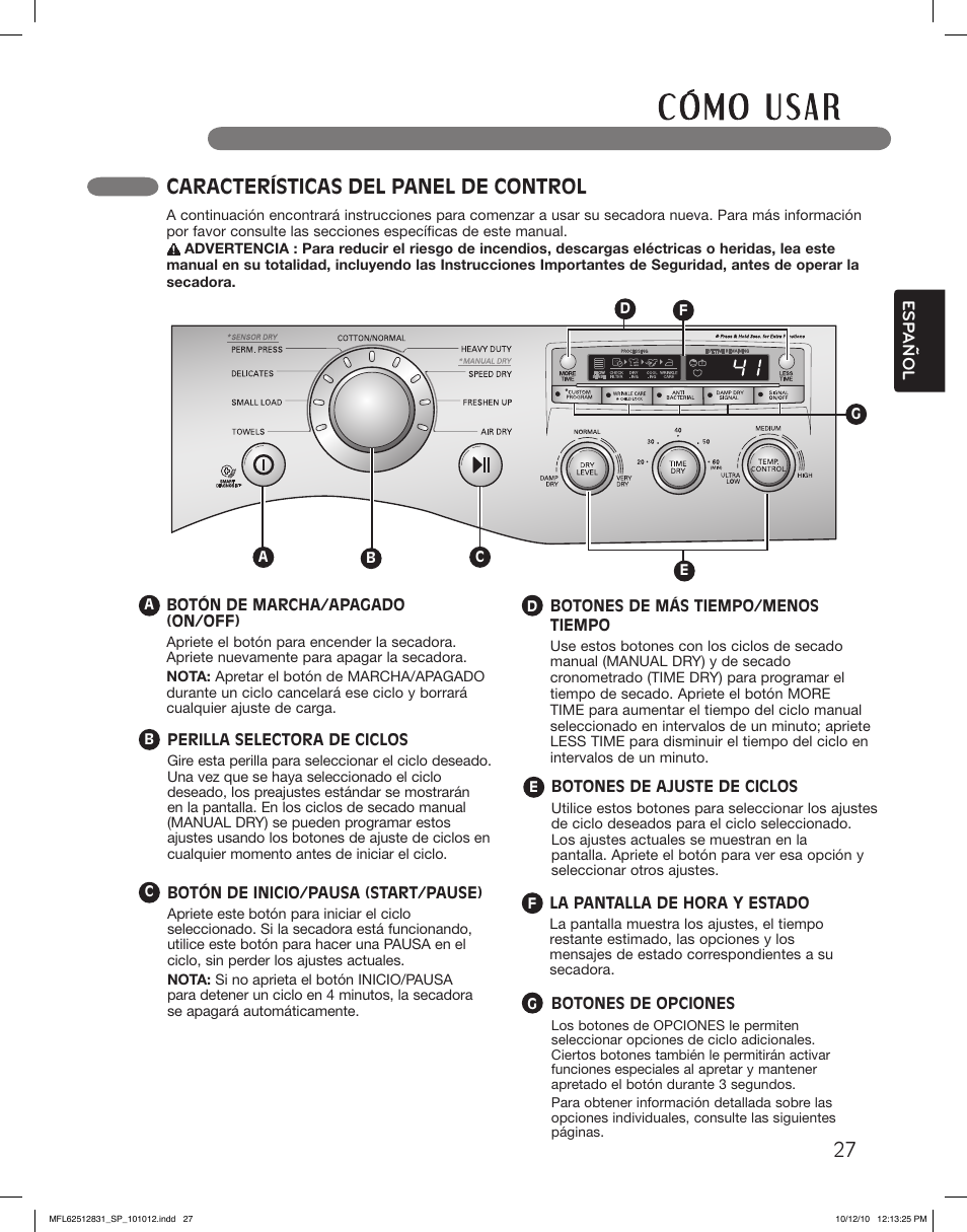 Características del panel de control | LG DLE2350W User Manual | Page 71 / 132