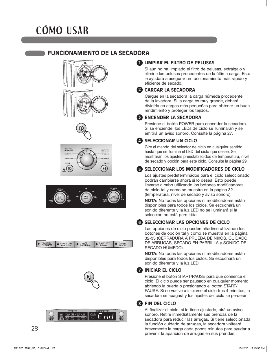 Funcionamiento de la secadora | LG DLE2350W User Manual | Page 72 / 132