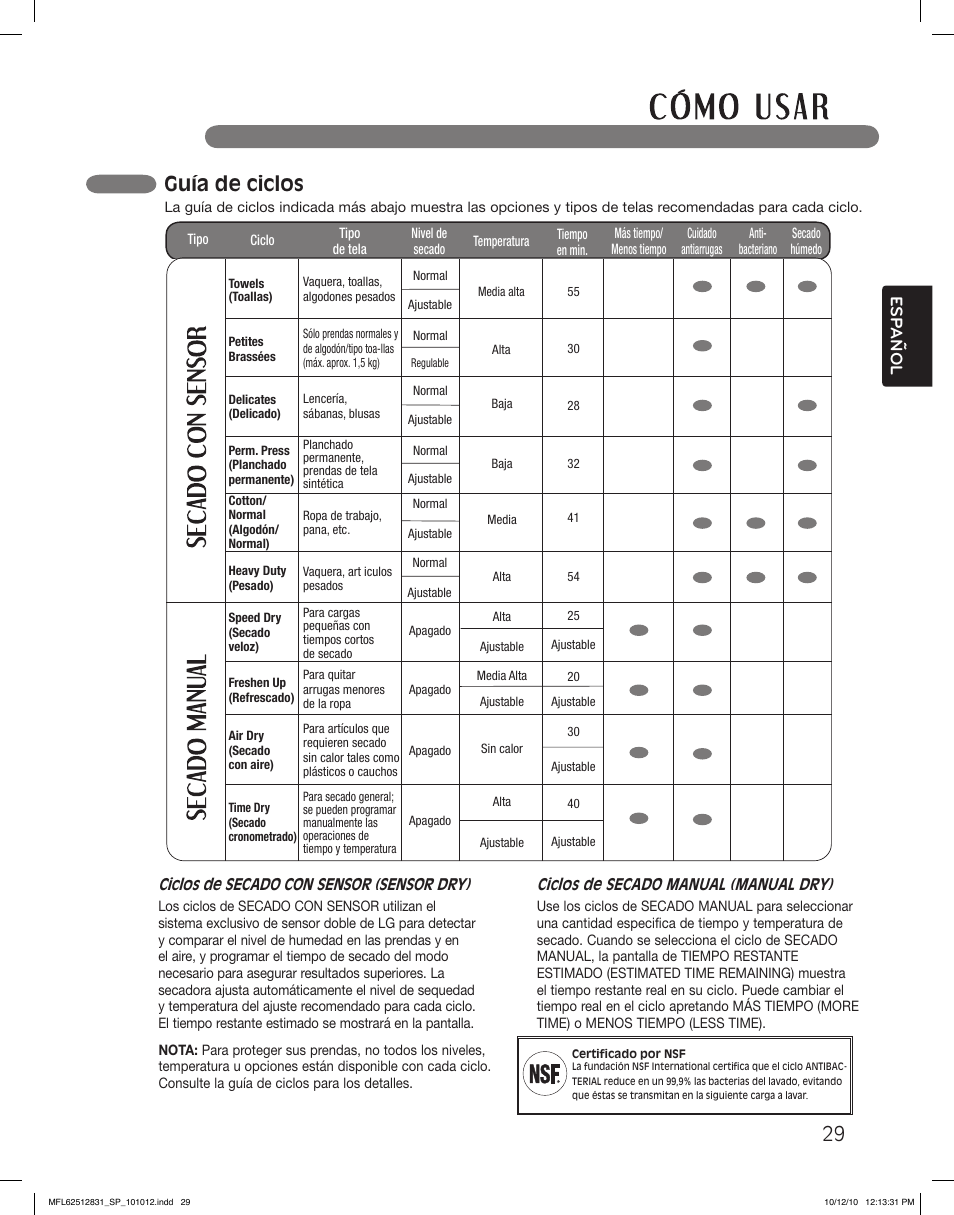 Guía de ciclos, Esp anol | LG DLE2350W User Manual | Page 73 / 132