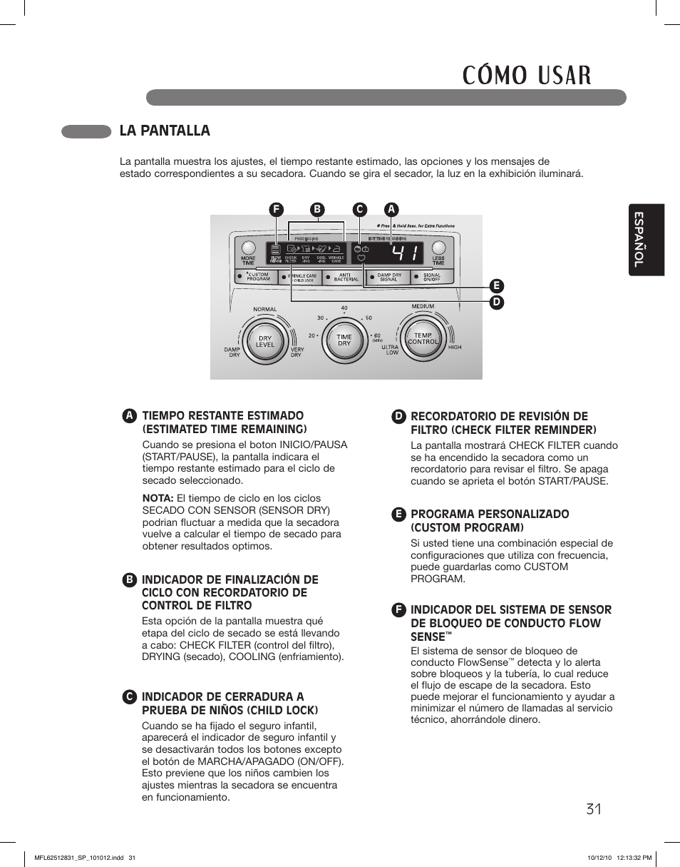 La pantalla | LG DLE2350W User Manual | Page 75 / 132