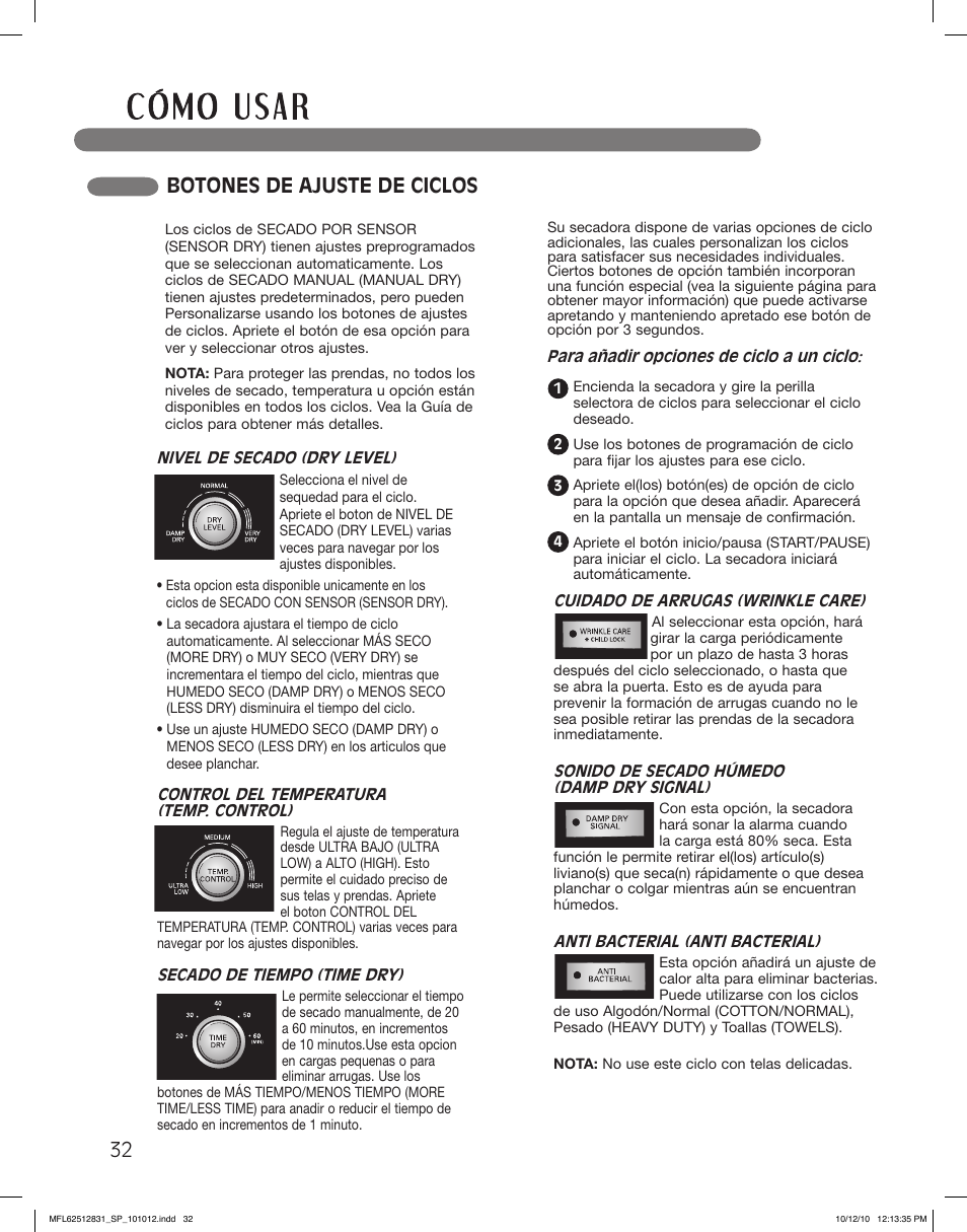 Botones de ajuste de ciclos | LG DLE2350W User Manual | Page 76 / 132