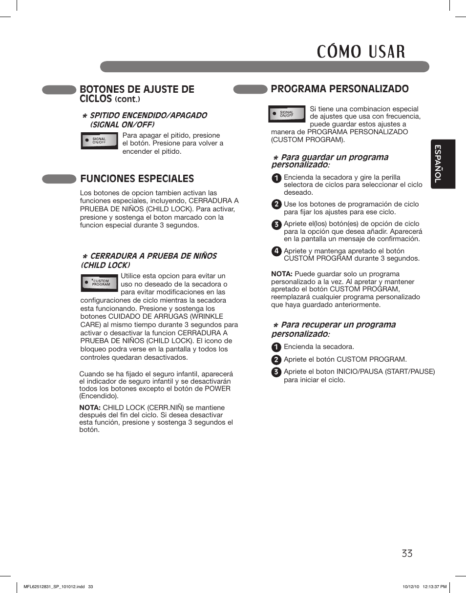 Funciones especiales, Botones de ajuste de ciclos, Programa personalizado | LG DLE2350W User Manual | Page 77 / 132