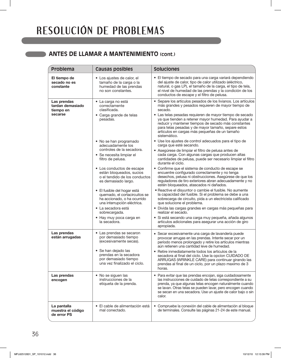 Antes de llamar a mantenimiento | LG DLE2350W User Manual | Page 80 / 132