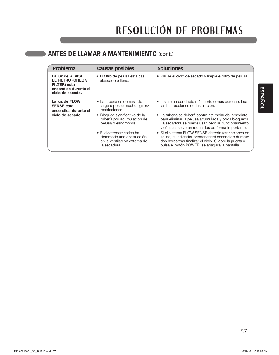 Antes de llamar a mantenimiento, Esp anol | LG DLE2350W User Manual | Page 81 / 132