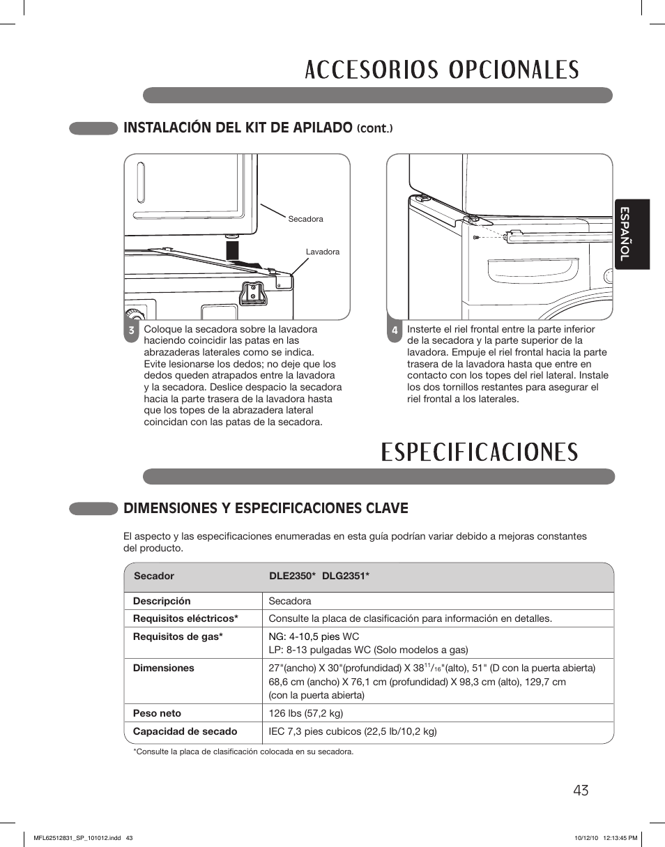 43 instalación del kit de apilado, Dimensiones y especificaciones clave | LG DLE2350W User Manual | Page 87 / 132