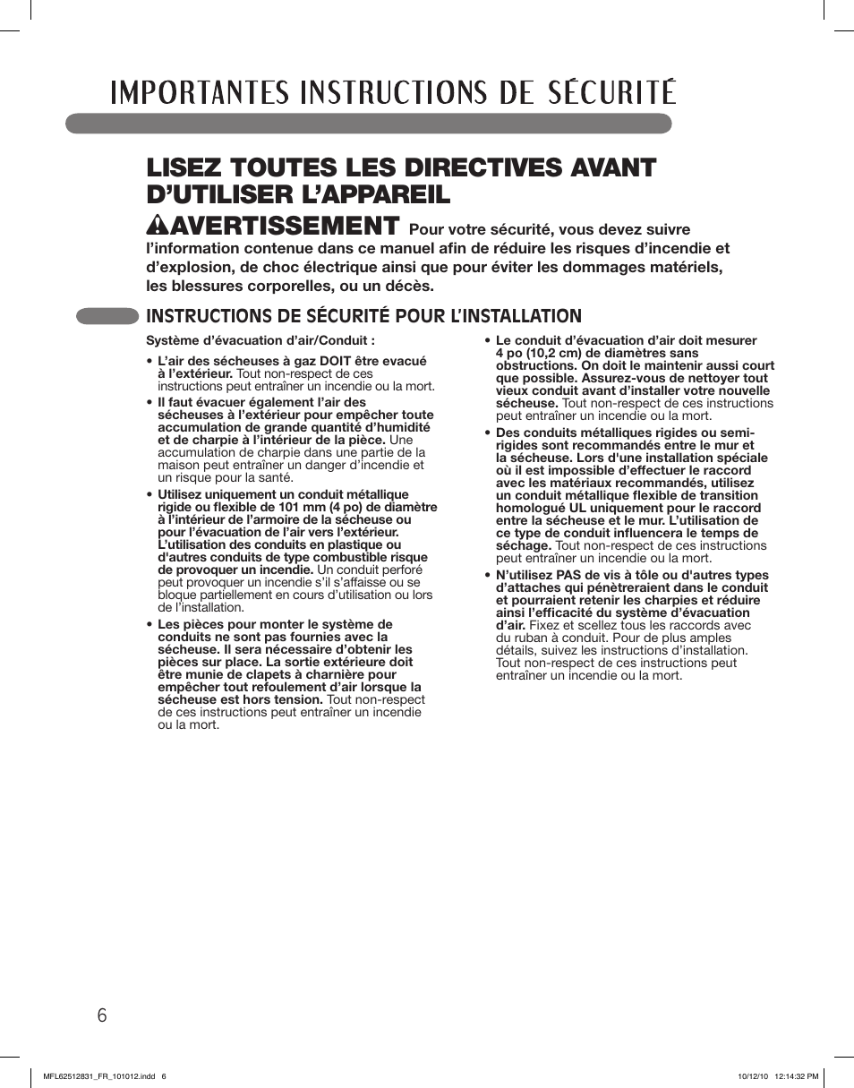 6instructions de sécurité pour l’installation | LG DLE2350W User Manual | Page 94 / 132