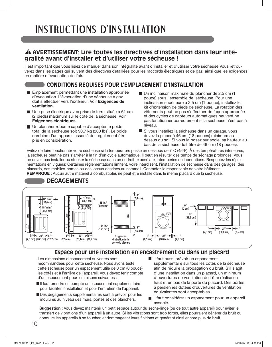 Dégagements | LG DLE2350W User Manual | Page 98 / 132