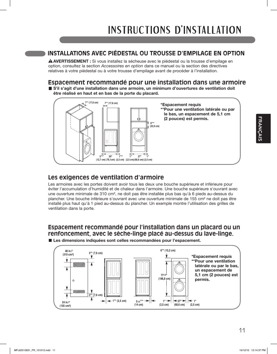 Les exigences de ventilation d'armoire, Français | LG DLE2350W User Manual | Page 99 / 132