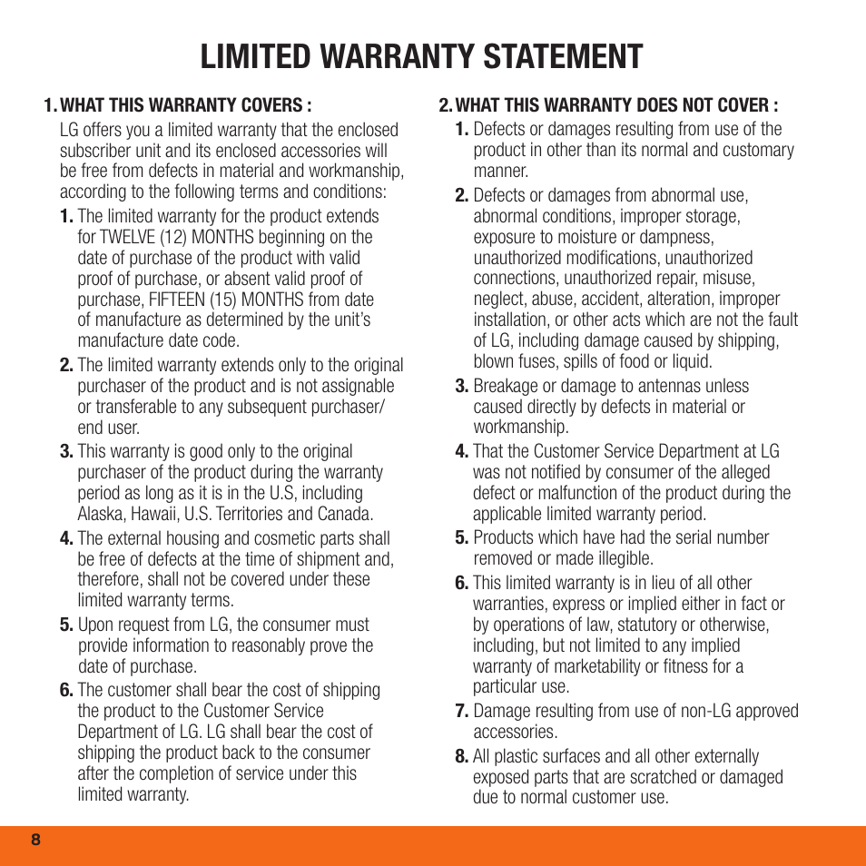 Limited warranty statement | LG AD600 User Manual | Page 8 / 12