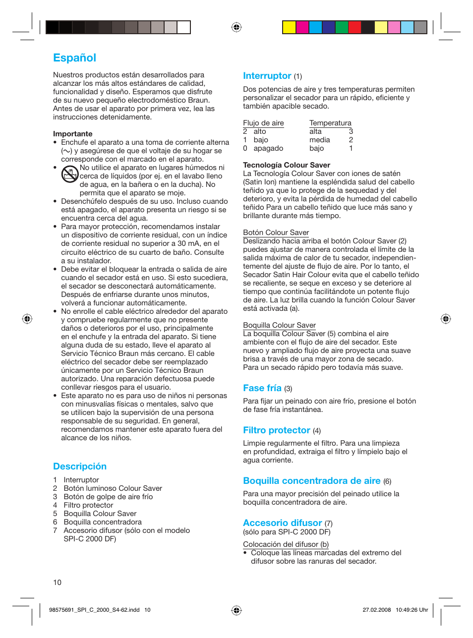 Español | Braun SPI-C 2000 Satin Hair Colour User Manual | Page 10 / 57