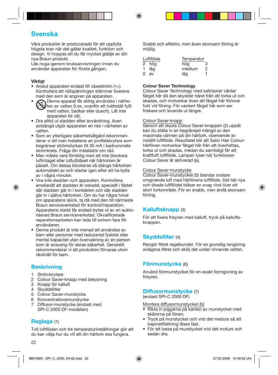 Svenska | Braun SPI-C 2000 Satin Hair Colour User Manual | Page 22 / 57