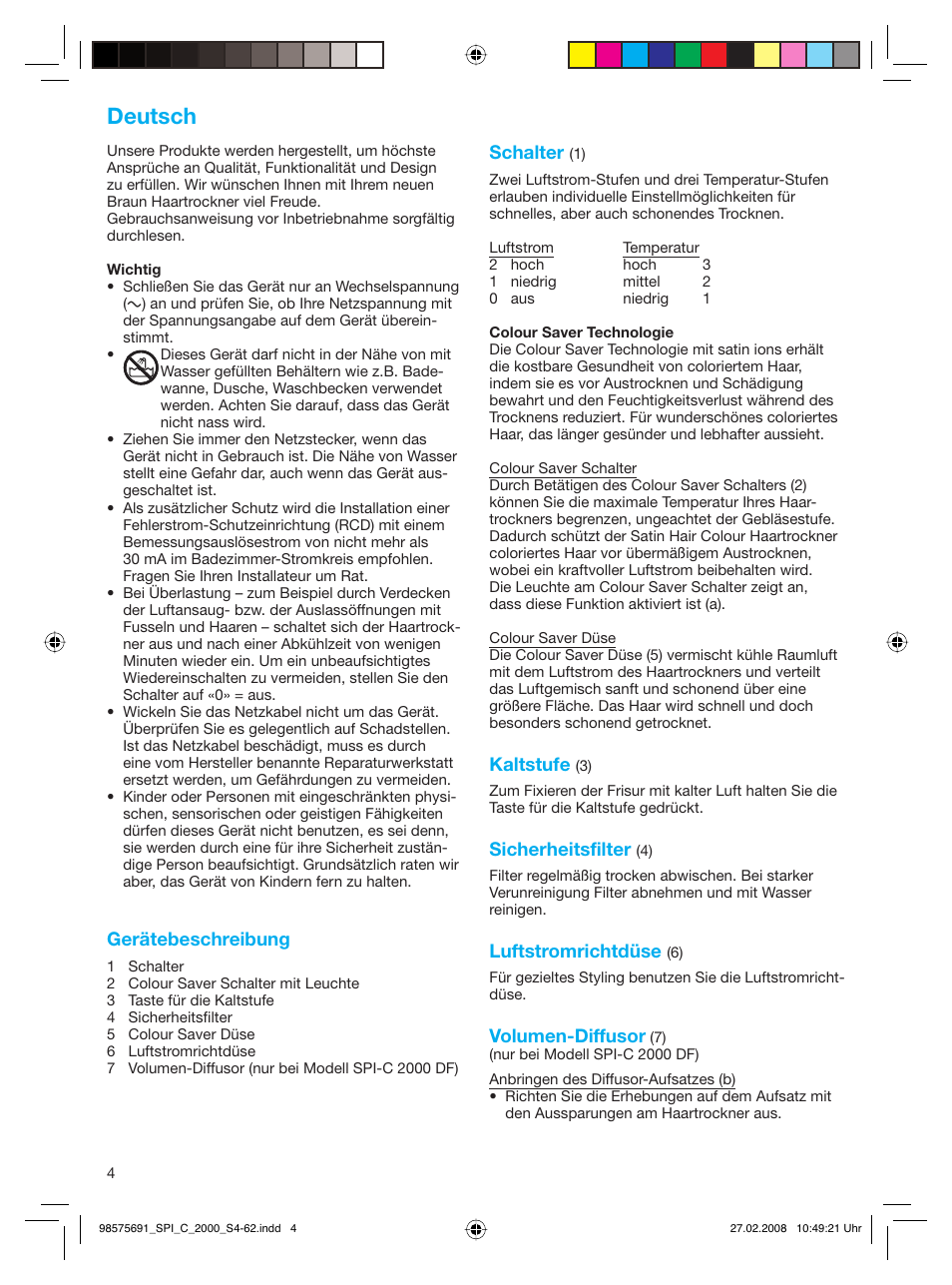 Deutsch | Braun SPI-C 2000 Satin Hair Colour User Manual | Page 4 / 57