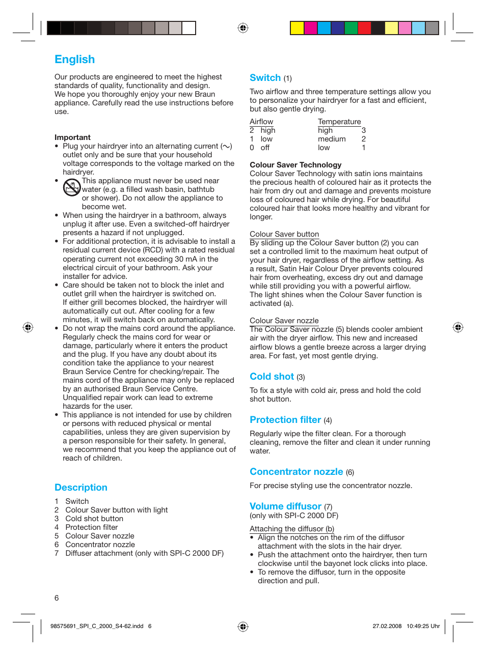 English | Braun SPI-C 2000 Satin Hair Colour User Manual | Page 6 / 57