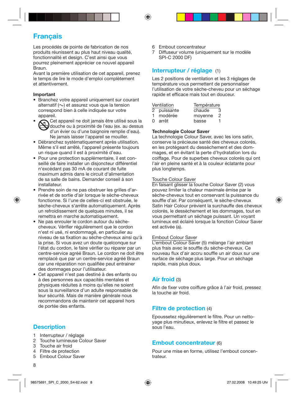 Français | Braun SPI-C 2000 Satin Hair Colour User Manual | Page 8 / 57