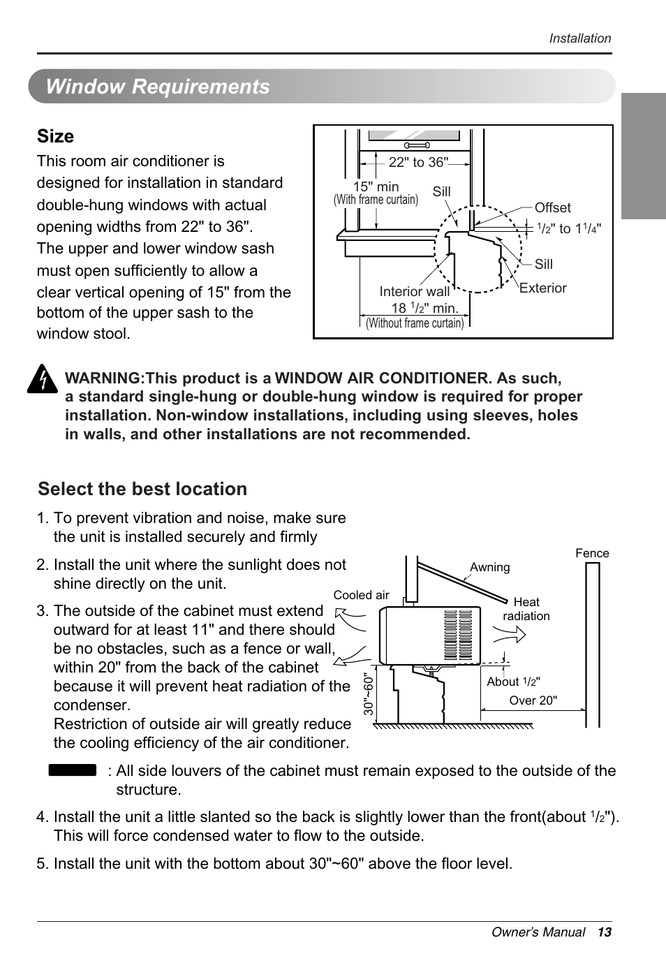 Window requirements, Englishenglishenglish english, Size | Select the best location | LG WG1005R User Manual | Page 13 / 50