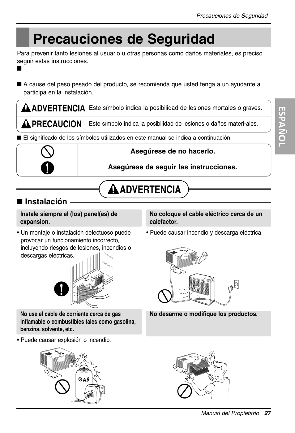 Precauciones de seguridad, Advertencia, Advertencia precaucion | Espa ñ ol | LG WG1005R User Manual | Page 27 / 50