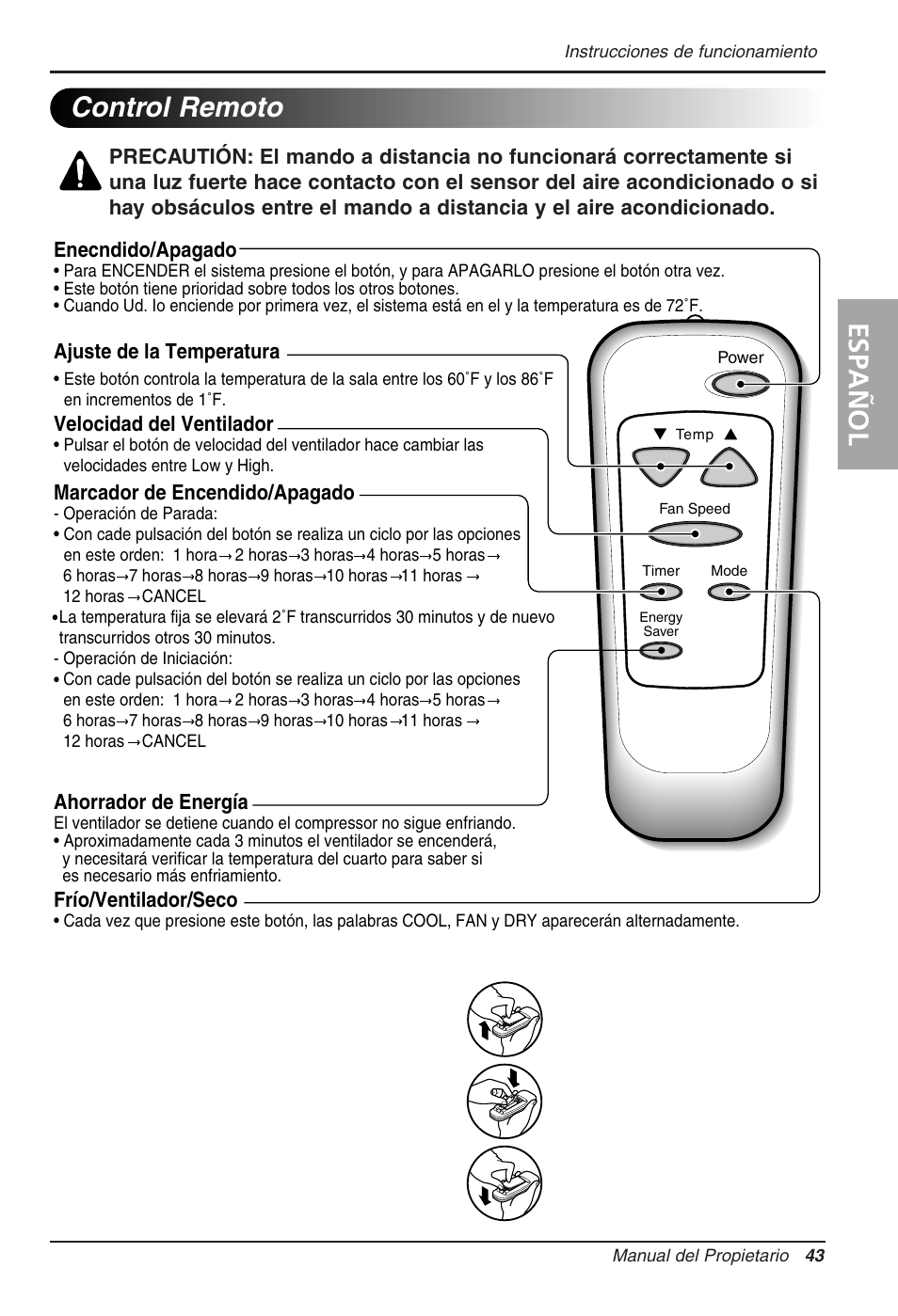 Control remoto, Espa ñ ol | LG WG1005R User Manual | Page 43 / 50