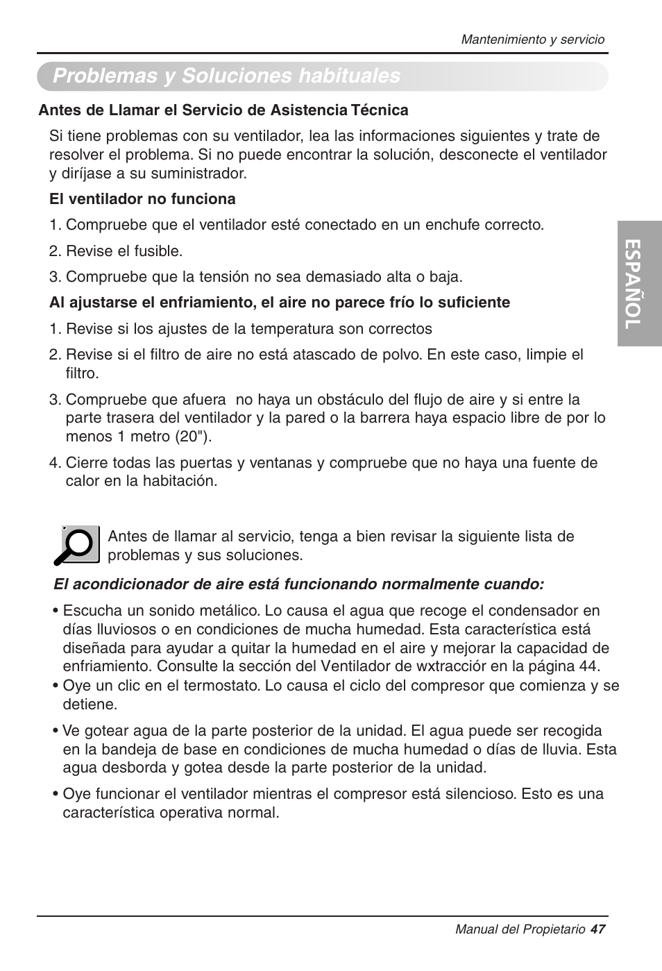 Problemas y soluciones habituales, Espa ñ ol | LG WG1005R User Manual | Page 47 / 50